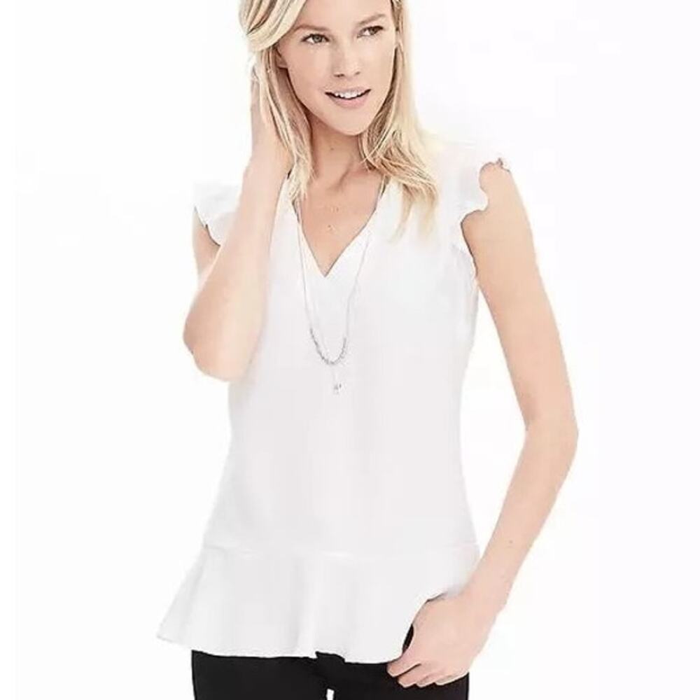 Banana Republic White V-Neck Ruffle‎ Peplum Tank XS